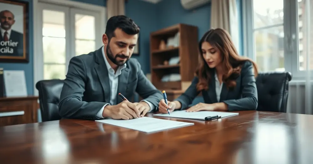 Casal assinando a escritura de união estável no balcão de um cartório de notas