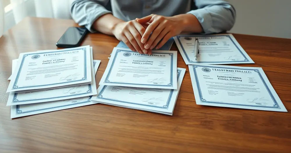 Documentos pessoais e certidões organizados sobre uma mesa de madeira